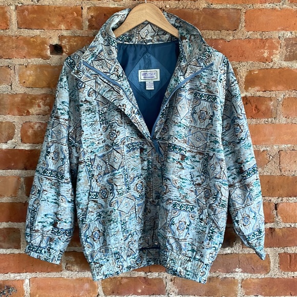 Vintage Oversized Boxy Windbreaker Jacket Tall Collar Blue Print Medium - Picture 2 of 7